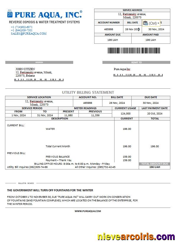Belarus Pure Aqua inc utility bill